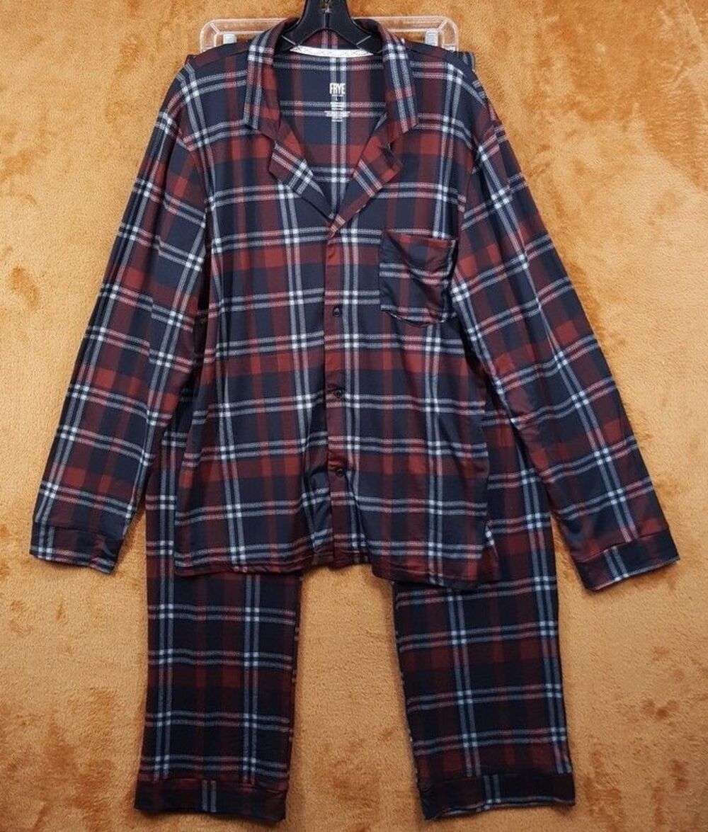 FRYE Sleepwear Mens Medium Red Black Plaid Collared Shirt Pajama Set Ultra Soft